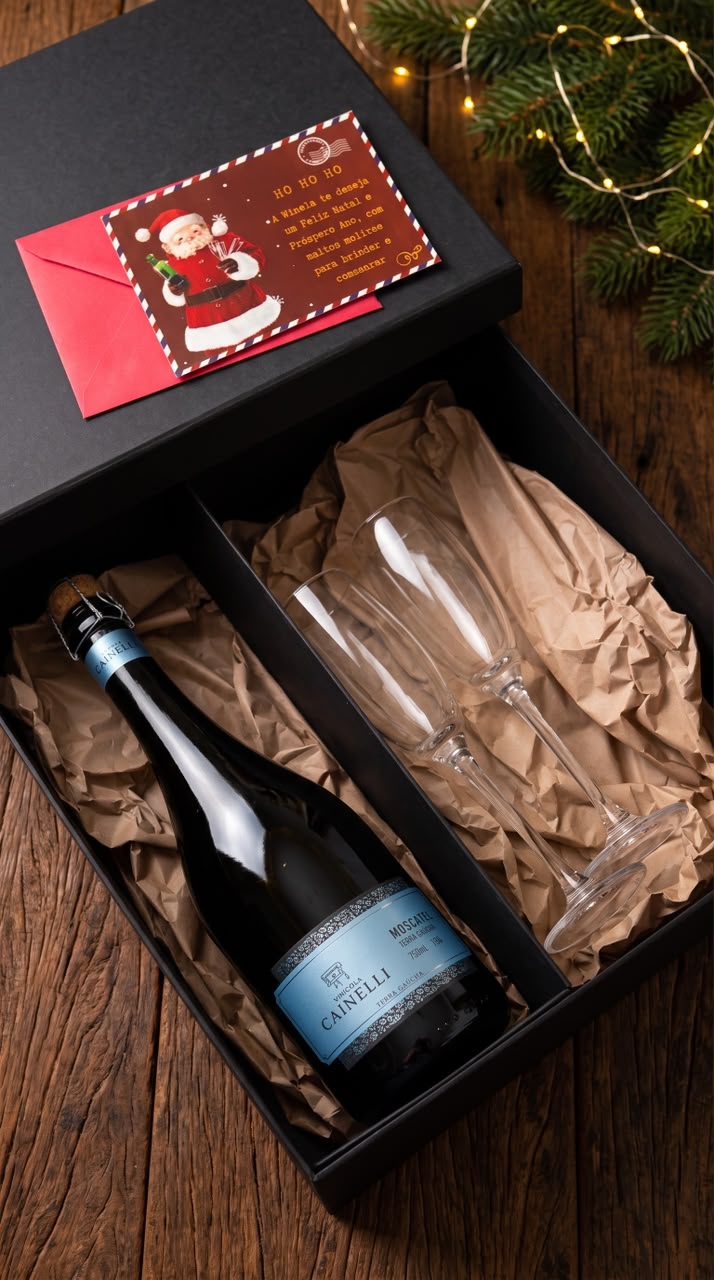 Kit Brinde a Dois Natal - Espumante Cainelli Moscatel + 2 Taças + Cartão